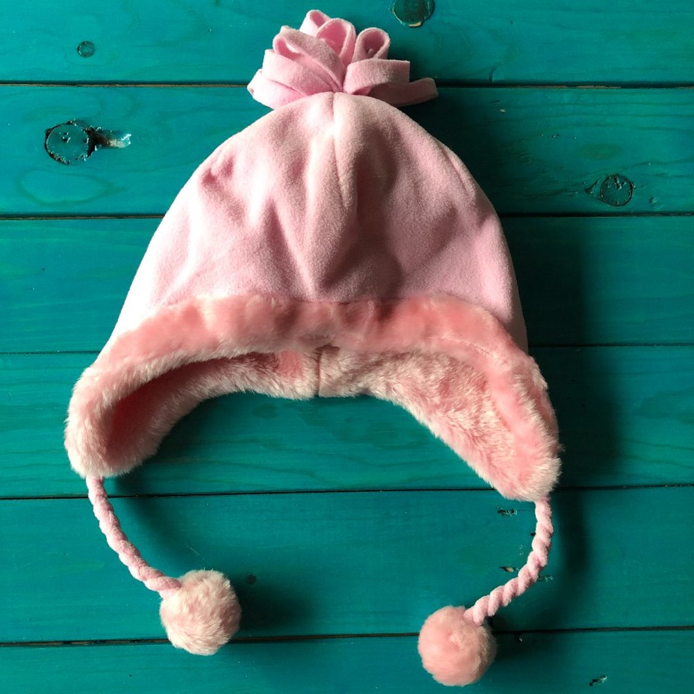 Pink Fleece Pom-Pom Earflap Hat for Kids